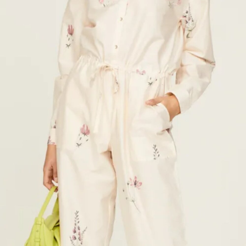 Splendid white/ivory with flowers jumpsuit long sleeve. Rent the Runway